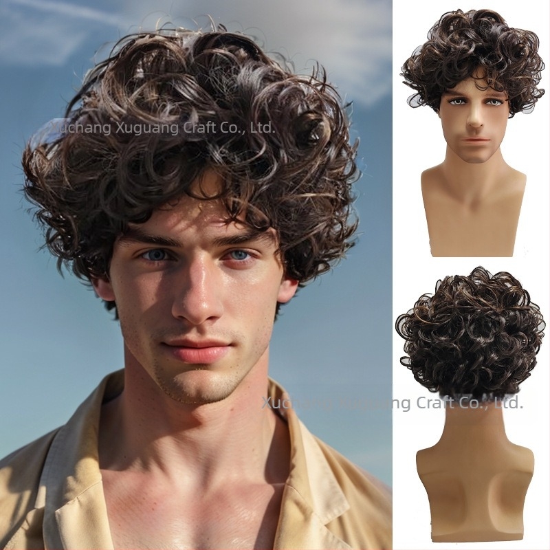 TEMU europska i američka perika muška perika kratka kosa muška pahuljasta tamnosmeđa perika šiške podignuta kratka kosa kovrčava kosa