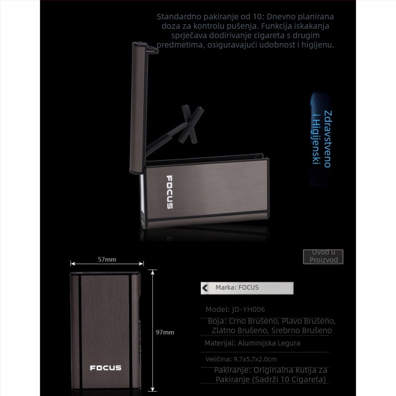Focus kutija za cigarete, pakiranje od 10 grubih kutija za cigarete, automatsko puhanje dima, ultra tanka aluminijska plastična kutija za cigarete s natpisom