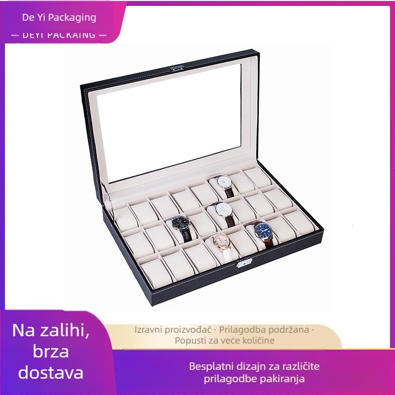 24-bitna crna kutija za satove od pu kože, prilagođena kutija za pohranu, prilagođena prozirna kutija za izlaganje od baršuna, veleprodajna obrada kutija za nakit