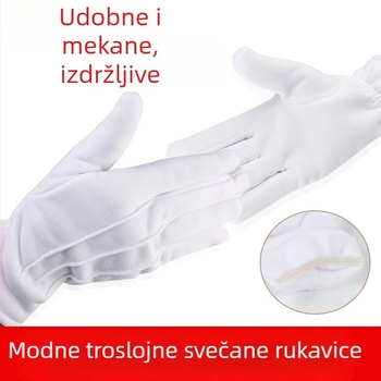 Zimske bijele baršunaste rukavice s tri rebra, podstavljene, za bonton, paradu, performanse, dužnost, zaštitu, neklizajuće, tople, hladne