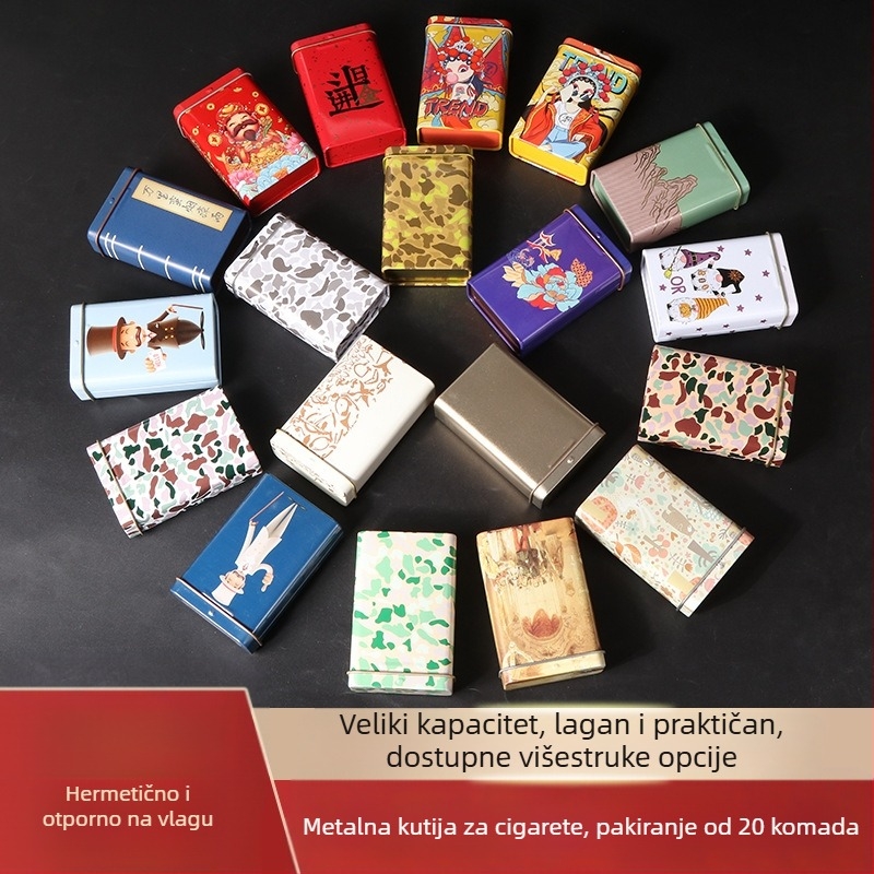 Nova kutija od 20 preklopnih metalnih integriranih kutija za cigarete, kreativna s više uzoraka, vodootporna i otporna na vlagu za muškarce, limena kutija, direktna prodaja