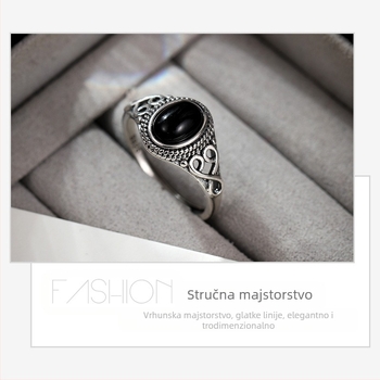 S925 srebrni čipkasti prsten za vanjsku trgovinu, personalizirani ahat, otvoreni modni crni vintage prsten, ženski okrugli prsten, nacionalni stil