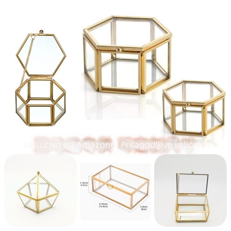 Šesterostrana metalna vintage prozirna staklena kutija za nakit DIY kutija za vjenčano prstenje prateća kutija za pohranu poklona kutija za nakit