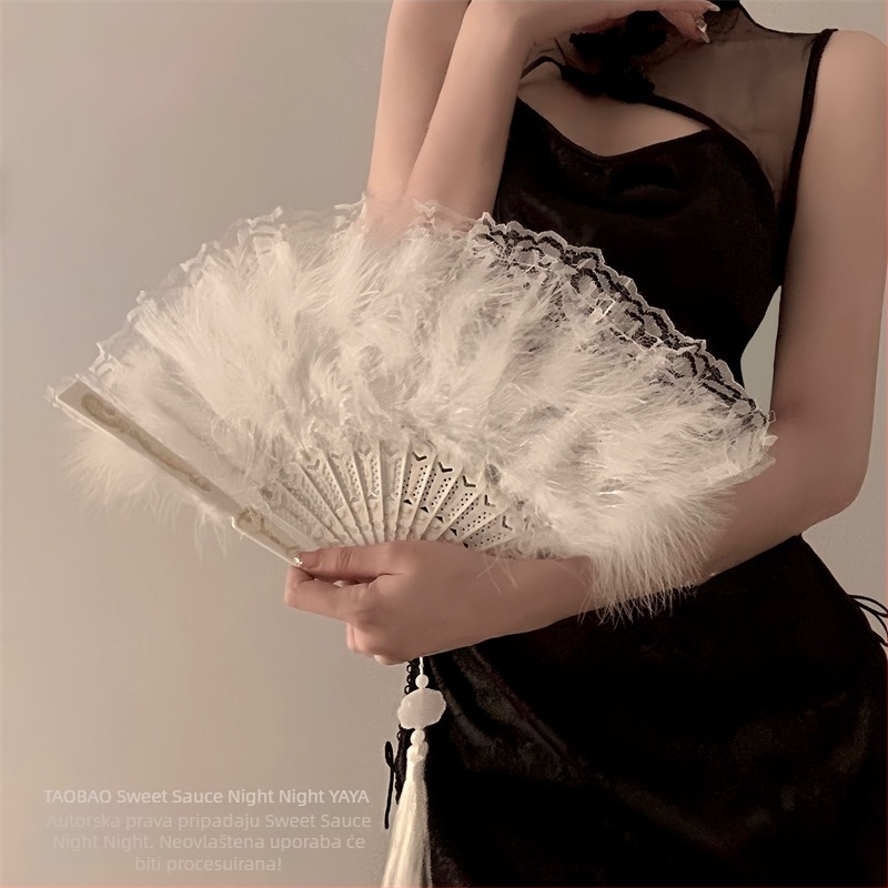 Lepeza od perja u drevnom stilu, Cheongsam za žene, sklopivi lepeza za predstave u Hanfuu, Nova godina, crna čipkasta lepeza za ples, retro kineski stil