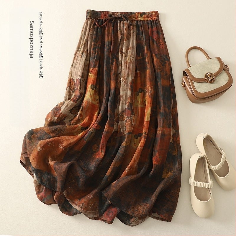 Prava ljetna fotografija nove retro ležerne, svestrane dvoslojne suknje s printom ramije