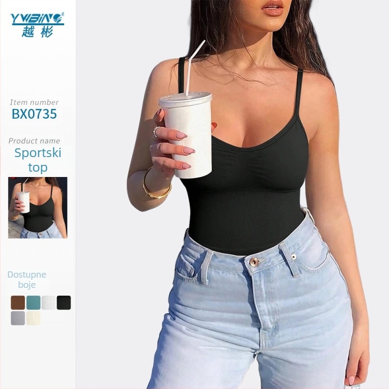 Ženski joga prsluk bez jastučića za grudi, rebrasti pleteni sportski top s tregerima, podesive naramenice, bešavni kratki donji dio odjeće