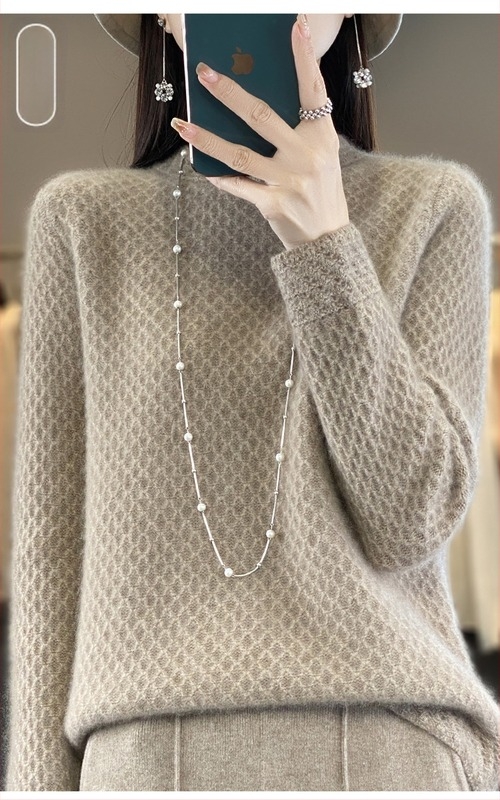 Teška industrija, saćasti iglani pulover od 100 čiste vune s poluvisokim ovratnikom, ženski novi pleteni pulover dugih rukava, široki, univerzalna osnovna košulja