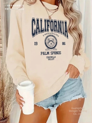 Ženska majica s kapuljačom California Graphic - vintage print slova Palm Springs iz 1989., mekano siva, okrugli izrez