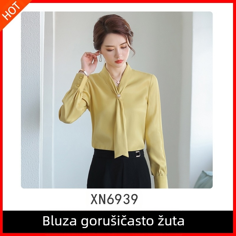 Nova jesenska modna avokado zelena šifonska ženska košulja dugih rukava s V-izrezom, koja prekriva kožu i u zapadnom stilu