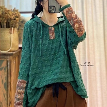 Ženski pleteni pamučni pulover s kapuljačom i zateznim uzorkom, širok, za proljeće i jesen, novi retro umjetnički ležerni top dugih rukava