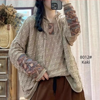 Ženski pleteni pamučni pulover s kapuljačom i zateznim uzorkom, širok, za proljeće i jesen, novi retro umjetnički ležerni top dugih rukava