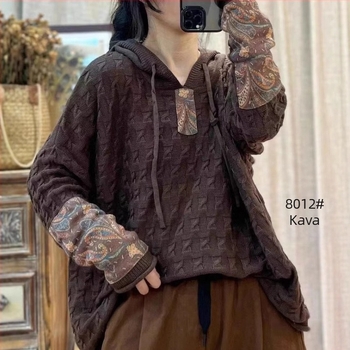 Ženski pleteni pamučni pulover s kapuljačom i zateznim uzorkom, širok, za proljeće i jesen, novi retro umjetnički ležerni top dugih rukava