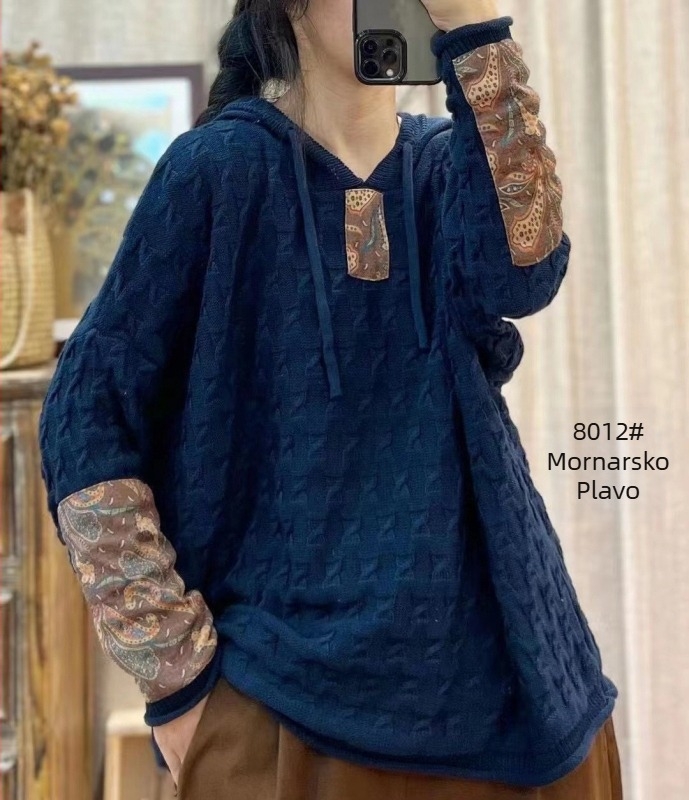 Ženski pleteni pamučni pulover s kapuljačom i zateznim uzorkom, širok, za proljeće i jesen, novi retro umjetnički ležerni top dugih rukava