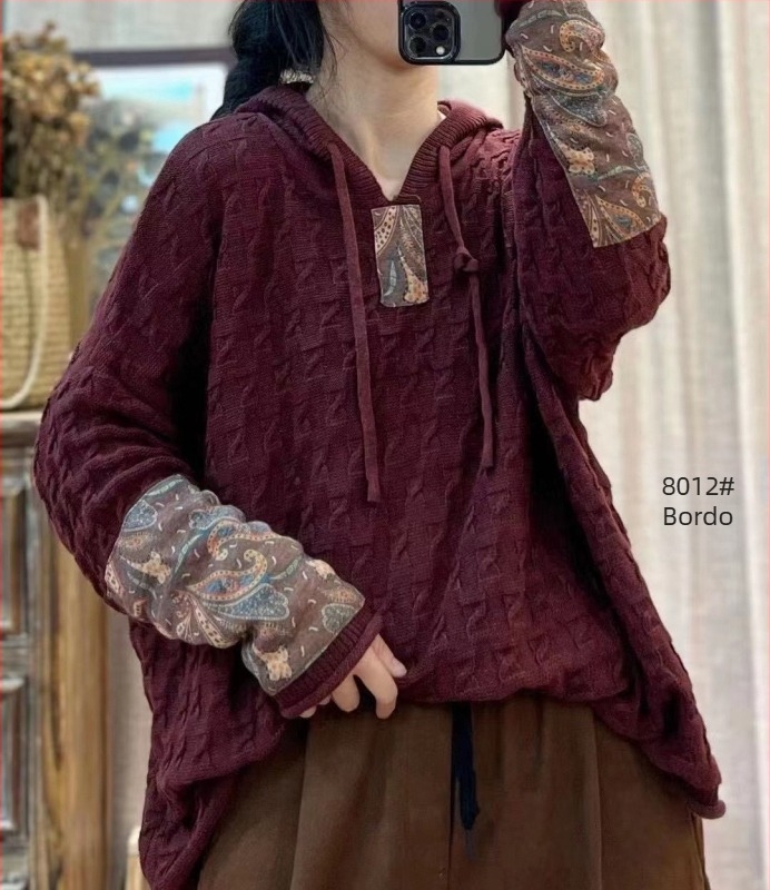 Ženski pleteni pamučni pulover s kapuljačom i zateznim uzorkom, širok, za proljeće i jesen, novi retro umjetnički ležerni top dugih rukava