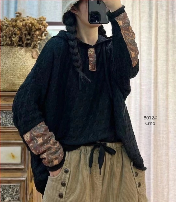 Ženski pleteni pamučni pulover s kapuljačom i zateznim uzorkom, širok, za proljeće i jesen, novi retro umjetnički ležerni top dugih rukava