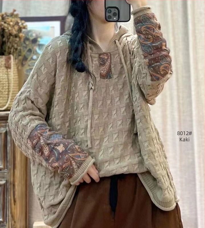 Ženski pleteni pamučni pulover s kapuljačom i zateznim uzorkom, širok, za proljeće i jesen, novi retro umjetnički ležerni top dugih rukava