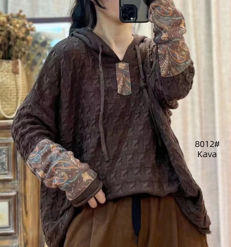 Ženski pleteni pamučni pulover s kapuljačom i zateznim uzorkom, širok, za proljeće i jesen, novi retro umjetnički ležerni top dugih rukava