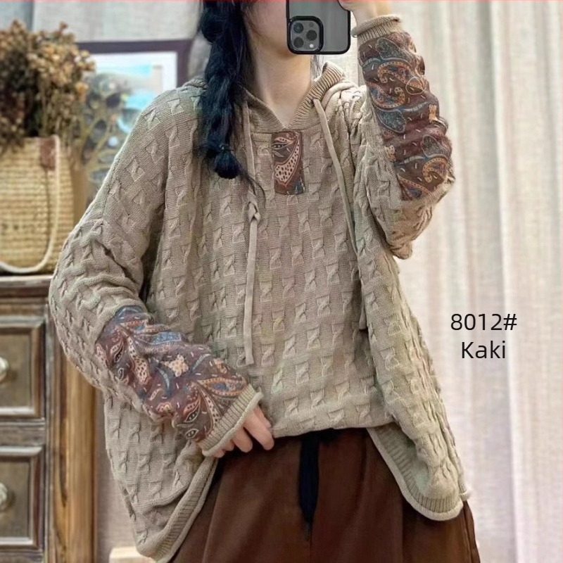 Ženski pleteni pamučni pulover s kapuljačom i zateznim uzorkom, širok, za proljeće i jesen, novi retro umjetnički ležerni top dugih rukava
