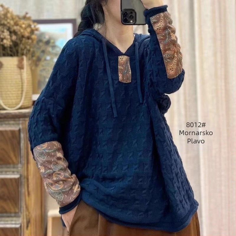 Ženski pleteni pamučni pulover s kapuljačom i zateznim uzorkom, širok, za proljeće i jesen, novi retro umjetnički ležerni top dugih rukava