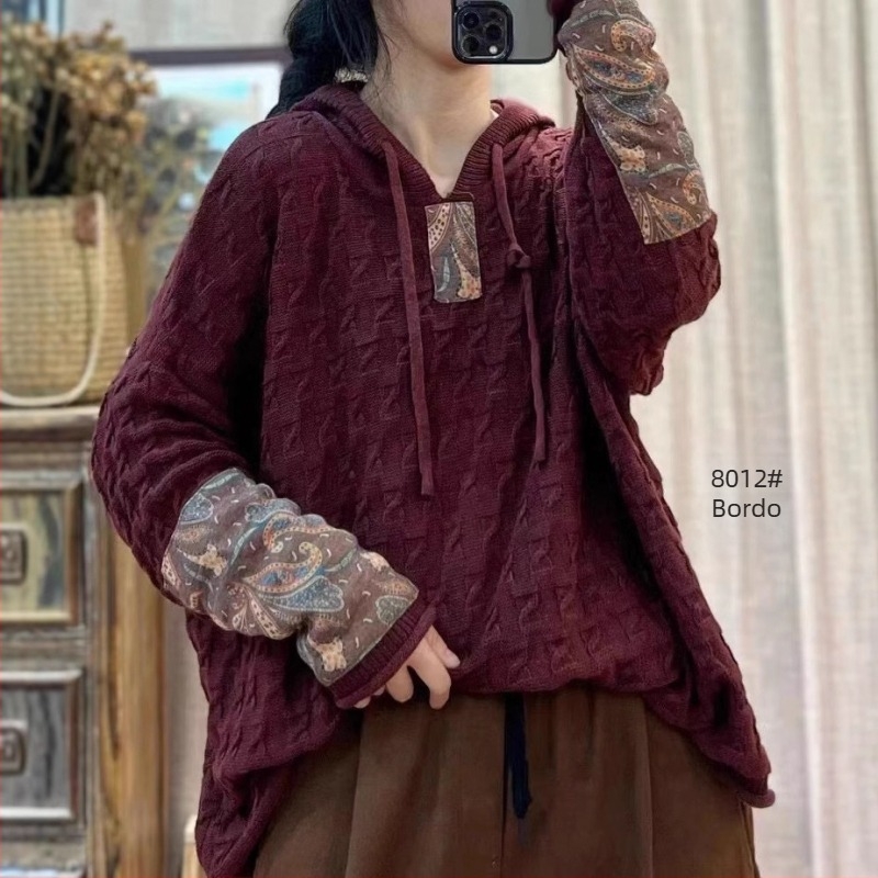 Ženski pleteni pamučni pulover s kapuljačom i zateznim uzorkom, širok, za proljeće i jesen, novi retro umjetnički ležerni top dugih rukava