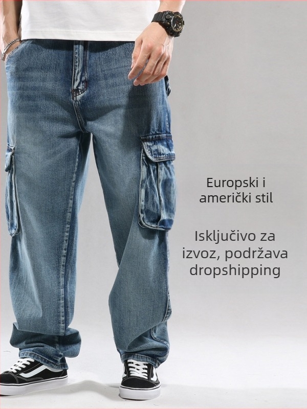 1808 Hip-Hop hlače s više preklopa i džepovima, radna odjeća, europske i američke traperice za muškarce, široke nogavice, plus veličina, unakrsno ogledalo, izvoz Amazon
