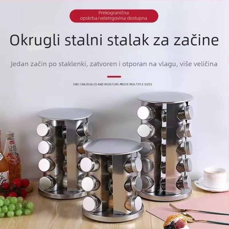 Stalak za boce za začine od nehrđajućeg čelika koji se okreće za 360 stupnjeva, stalak za pohranu staklenki za začine u kuhinji, stalak za pohranu soli, šećera i papra