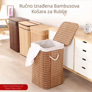 Sklopiva košara za prljavu odjeću za kućanstvo, bambusova košara za pohranu s poklopcem, otporna na prašinu, pletena kanta za prljavu odjeću, grickalice, igračke za pohranu, veleprodaja