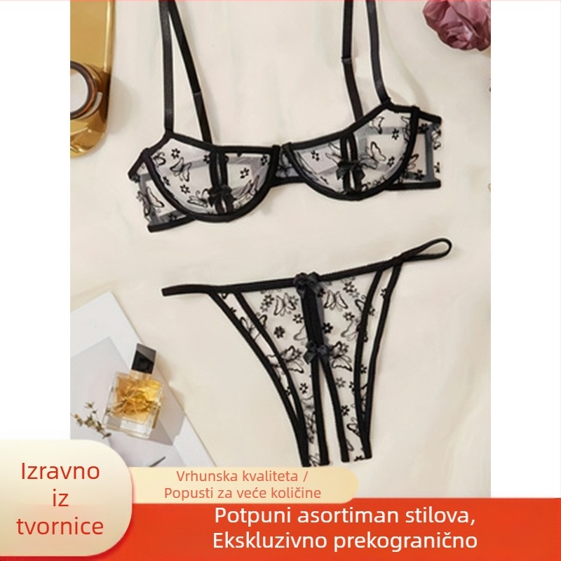 Ljetni ultra tanki gaćice, seksi izvezeni čipkasti grudnjak, push-up, čista želja, velike grudi koje pokazuju mali grudnjak protiv opuštanja