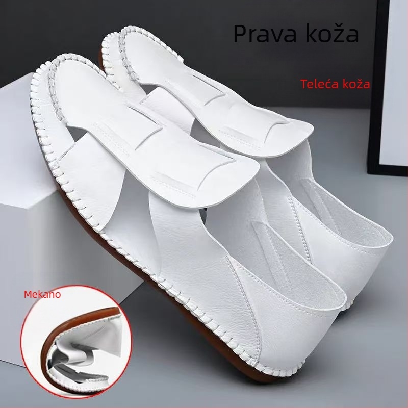Nove muške sandale od prave kože u kineskom stilu, prozračne bijele, moderne, svestrane rimske sandale za plažu s gumenim potplatom