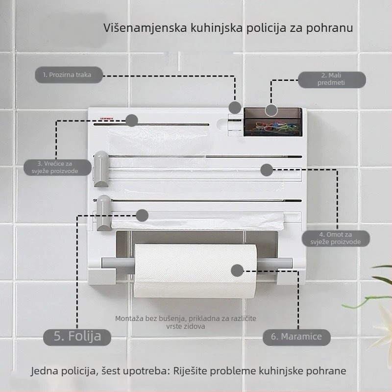 √ Višenamjenski kuhinjski stalak za pohranu kućanstva, zidni stalak za pohranu prozirne folije, stalak za rezanje rola papira