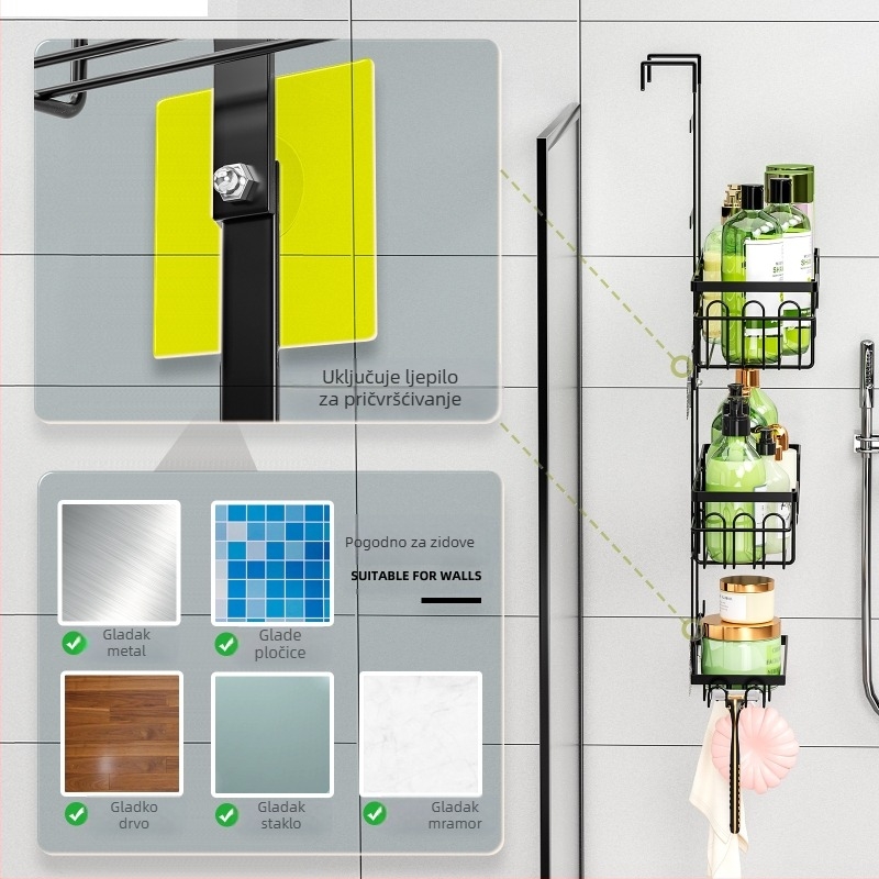 Stalak za pohranu u kupaonici bez bušenja, stražnja vješalica za vrata, zidna vješalica, višeslojna viseća košara, polica za pohranu u WC-u, stalak za pohranu u tuš kabini