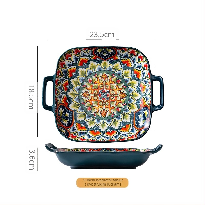 Boemski keramički kvadratni tanjur s dvostrukim ušima za kućnu upotrebu, visokokvalitetni tanjur za jelo, tanjur za voće, tanjur za tjesteninu, siguran za pećnicu i mikrovalnu pećnicu