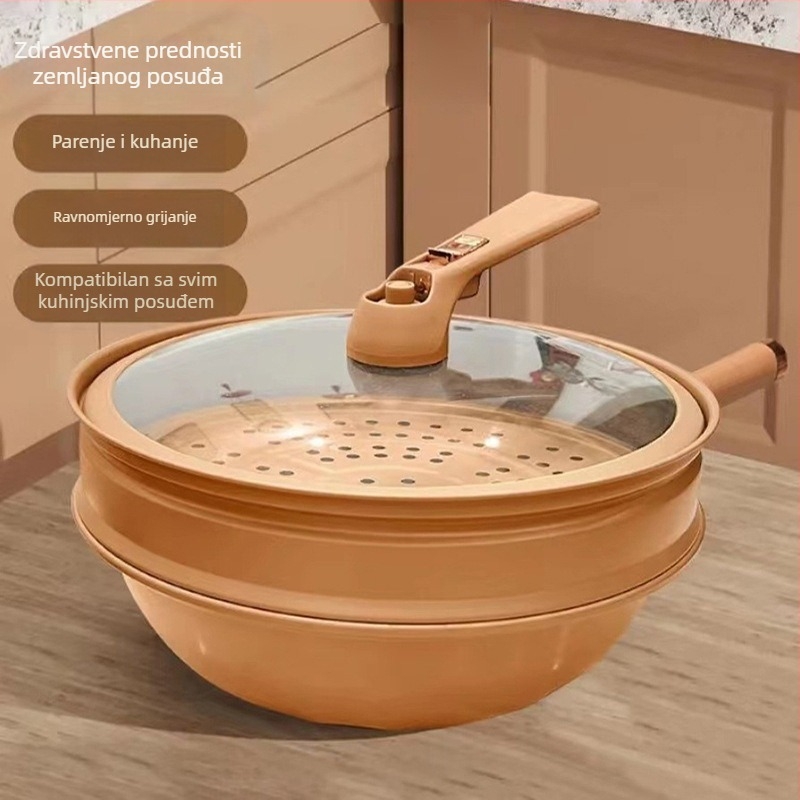 Novi višenamjenski glineni lonac s parnim loncem, wok s ravnim dnom, neobloženi zdravstveni lonac, lonac za kuhanje na pari i sve u jednom, poklon