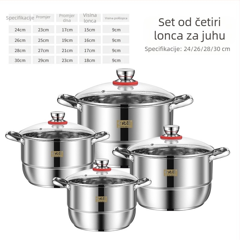 Prekogranični set posuđa od nehrđajućeg čelika, lonac za juhu, set od osam dijelova, zadebljani lonac velikog kapaciteta s dvostrukim ušima i kuhanim kriškama, lonac za juhu