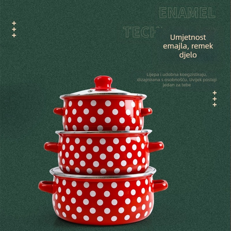 Prekogranični eksplozivni emajlirani lonac za juhu s crvenim dnom, set od tri emajlirana lonca s bijelim točkama, 671EDG