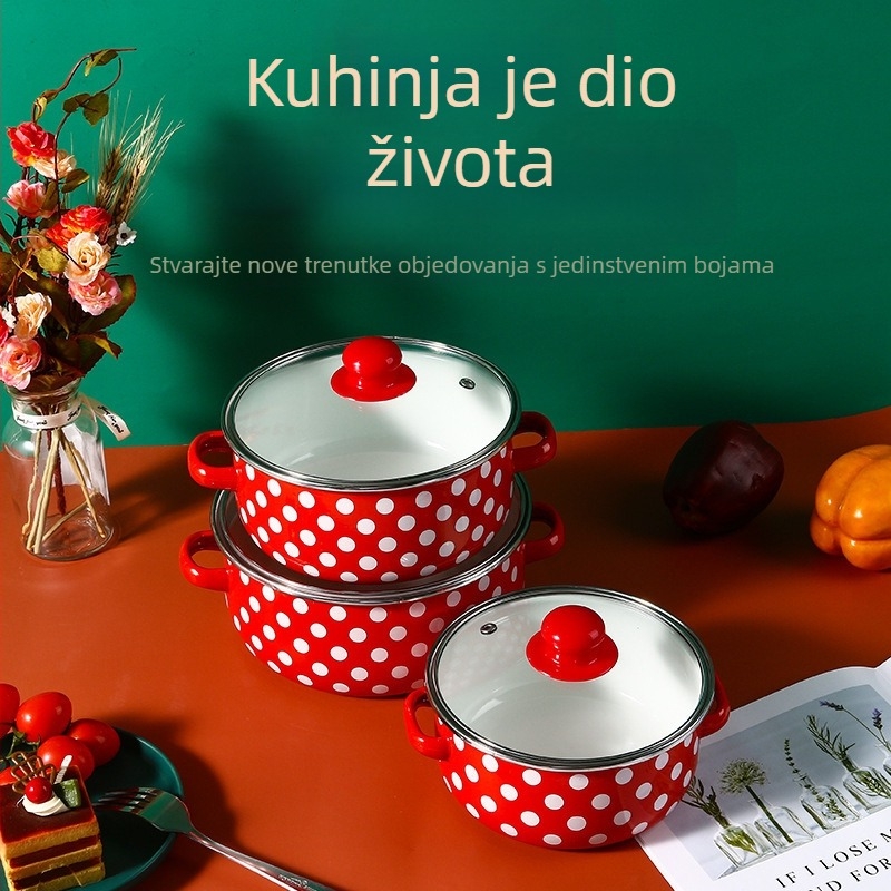Prekogranični eksplozivni emajlirani lonac za juhu s crvenim dnom, set od tri emajlirana lonca s bijelim točkama, 671EDG