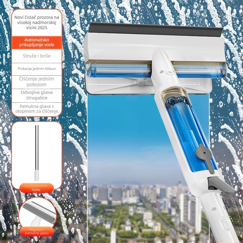 Prekogranični kućanski alat za čišćenje vanjskih prozora visokih zgrada s raspršivačem vode i integriranim strugačem, jaki usisni dvostrani uređaj za čišćenje stakla