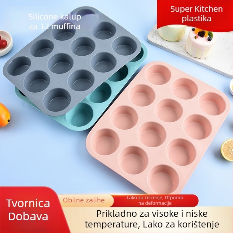 Silikonski kalup za 12 kolačića od 165 g, prehrambene kvalitete, otporan na visoke temperature, jednostavan za čišćenje, alat za pečenje, kalup za kućanske tepsije