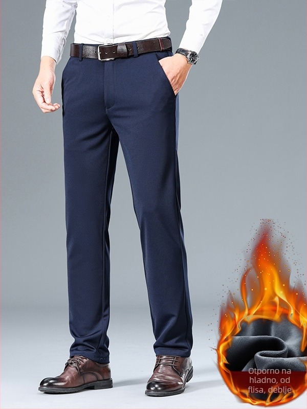 Muške ravne uske hlače za jesen i zimu, tatine flisom podstavljene zadebljane muške hlače, rastezljive poslovne ležerne hlače