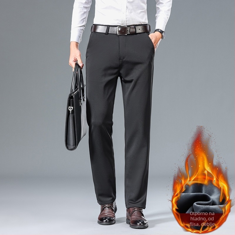 Muške ravne uske hlače za jesen i zimu, tatine flisom podstavljene zadebljane muške hlače, rastezljive poslovne ležerne hlače