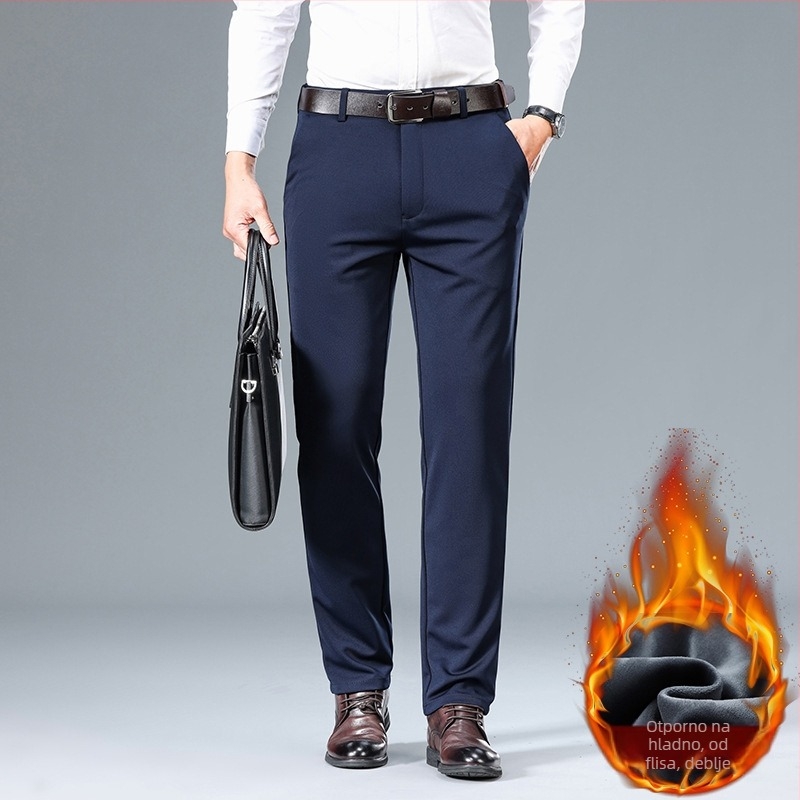 Muške ravne uske hlače za jesen i zimu, tatine flisom podstavljene zadebljane muške hlače, rastezljive poslovne ležerne hlače