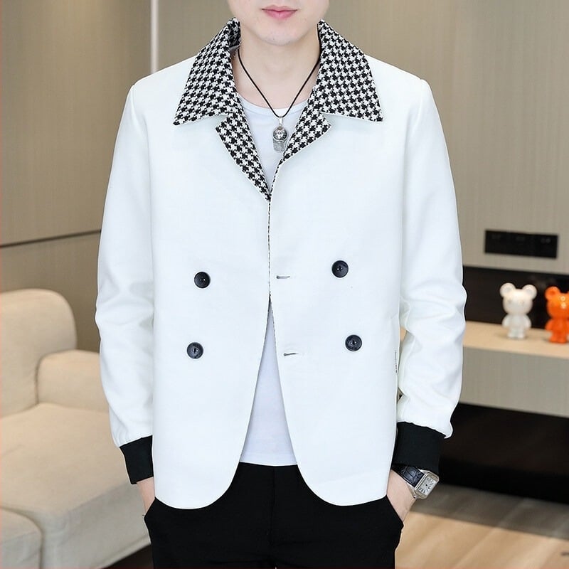 Muško sako s uzorkom houndstooth, korejskog stila, casual slim fit, dvostruko kopčanje