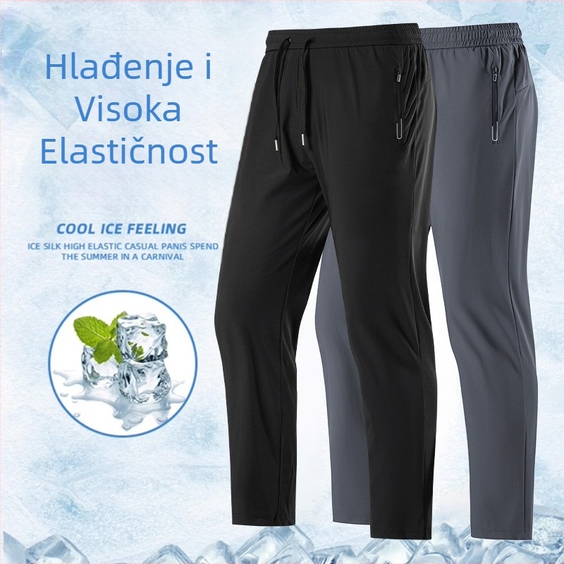 Hlače od ledene svile, ljetne tanke muške hlače, nove 2025., široke, brzosušeće hlače s vezicama, ljetne muške ravne ležerne hlače