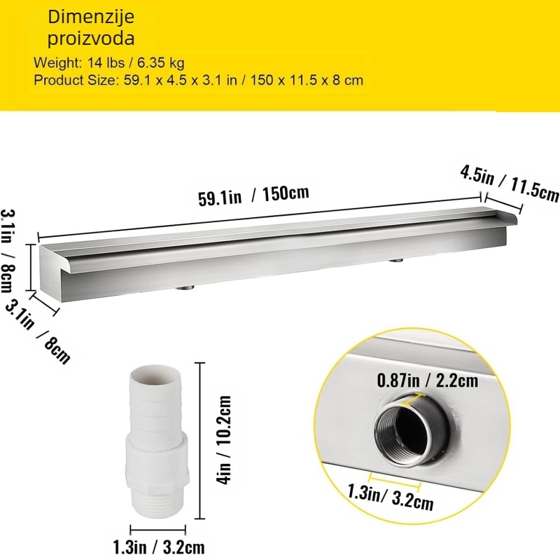 Fontana za bazen od nehrđajućeg čelika, vodopad za bazen, preljev s priključkom za cijevi, pravokutni vrtni vanjski, direktna opskrba tvornicom