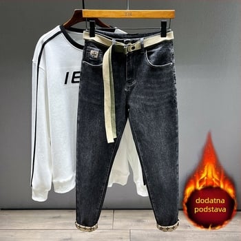 Muške hlače Jesen i zima 2024. Crne traperice s flis podstavom, muške ravne, uske, rastezljive, retro, isprane, rastezljive, ležerne