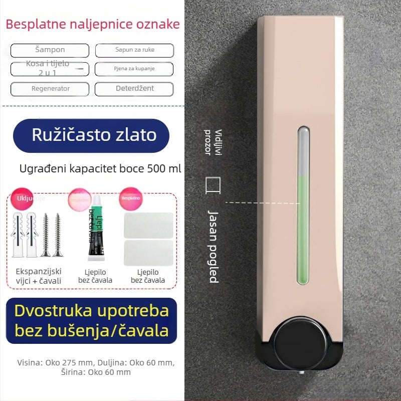 Zidni dozator sapuna za kupaonicu i kuhinju za hotele bez čavala Zidni dozator sapuna za ruke Gel za tuširanje Šampon Presa Dozator sapuna