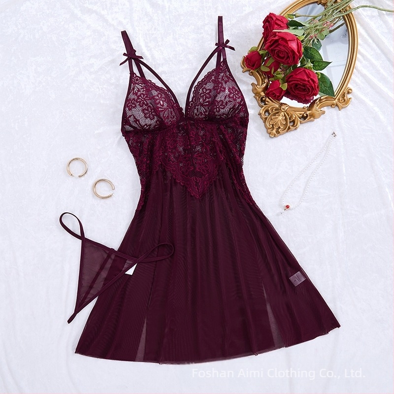 Cross-border Explosions Ljetno seksi donje rublje Ženska mrežasta spavaćica Crvena čipka s vezom Seksi pidžama Sling 24015