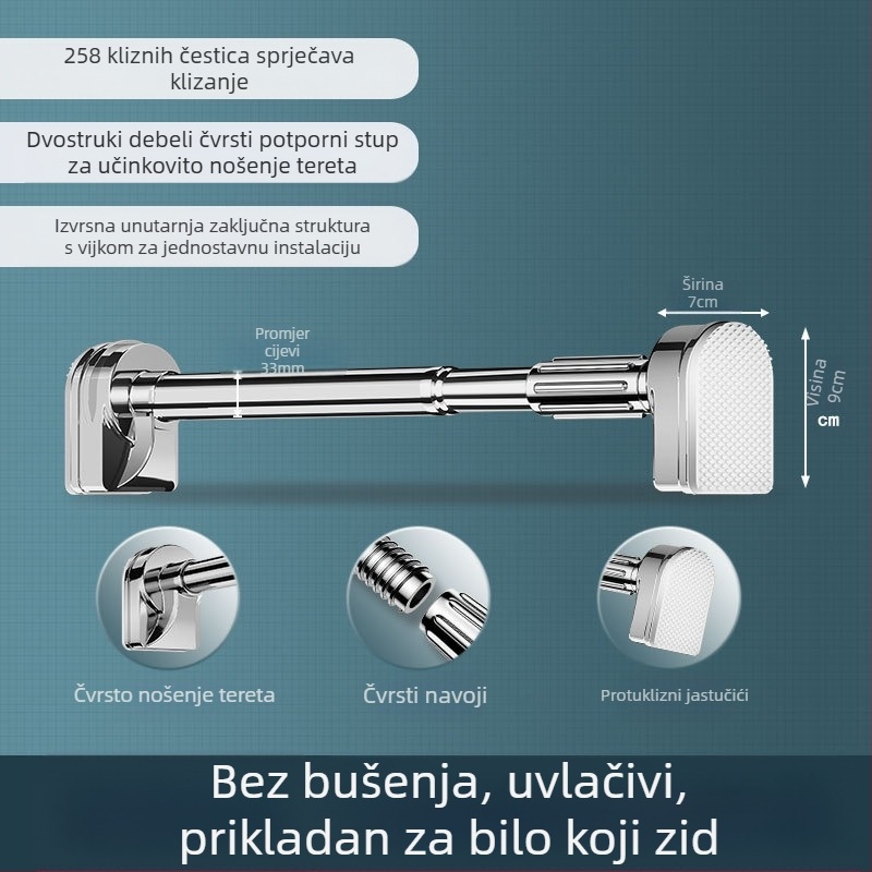 Teleskopska šipka za sušenje odjeće bez rupa, šipka za zavjesu za tuš od nehrđajućeg čelika, hladna šipka za garderobu, skupljajuća šipka za WC, vješalica za sušenje šipki za zavjese