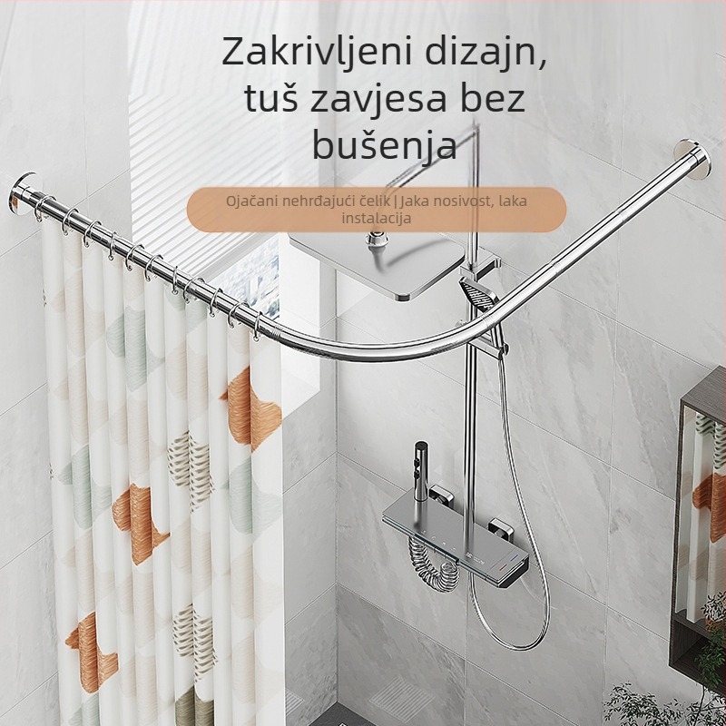 Zakrivljena šipka za tuš za kupaonicu bez bušilice, L-oblikovani polu-U-oblikovani teleskopski tuš, šipka za tuš od nehrđajućeg čelika u obliku lepeze, šipka za sušenje odjeće