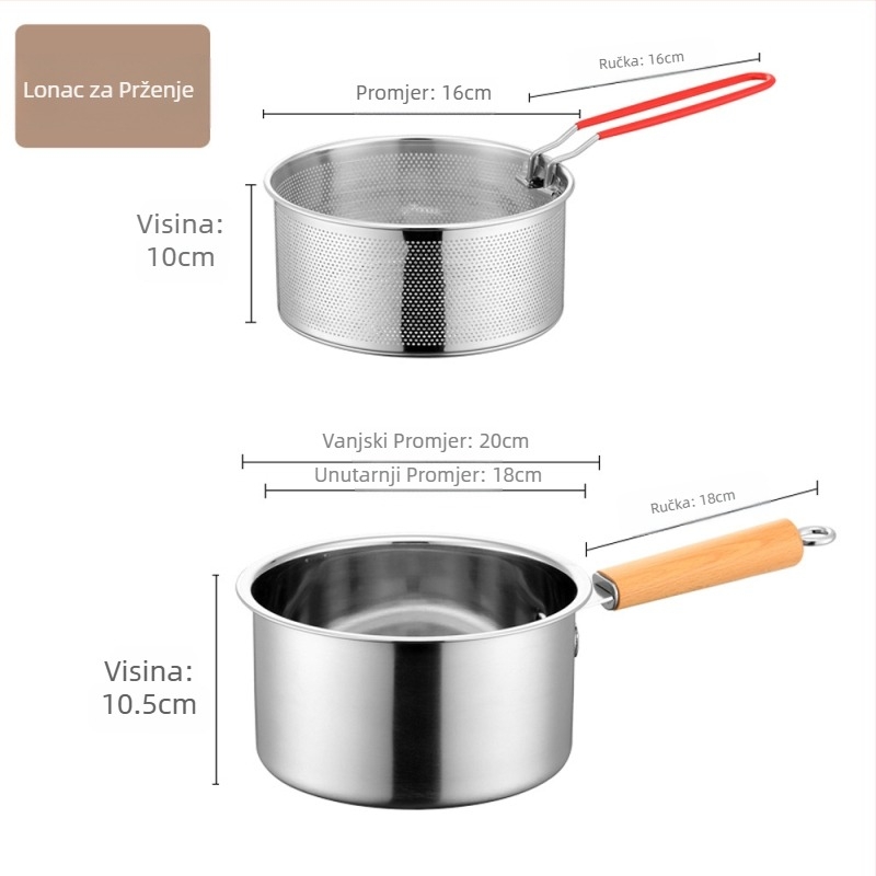 Lonac za prženje od nehrđajućeg čelika, kućanski mali lonac za prženje s cjedilom, plinski lonac za prženje, produbljivanje, ušteda goriva, prženje od nehrđajućeg čelika 304